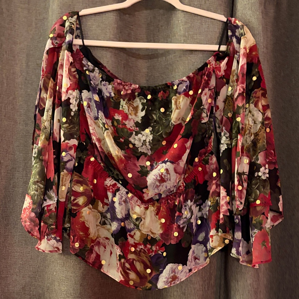 NWT- Express Red Multi Floral Off-Shoulder Blouse with Gold Dot Detail